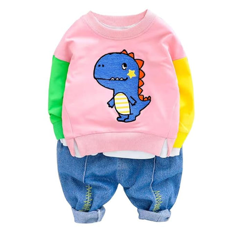 Kids Dino Printed Colour-block T-shirt & Denim Pant Set