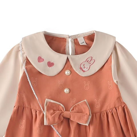 Girls Balloon Sleeve Self Fabric Bunny Flared Frock Dress With Sling Bag