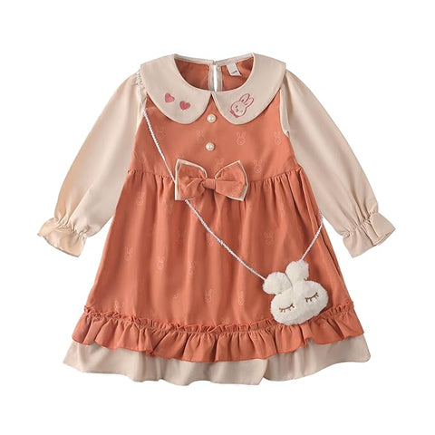 Girls Balloon Sleeve Self Fabric Bunny Flared Frock Dress With Sling Bag