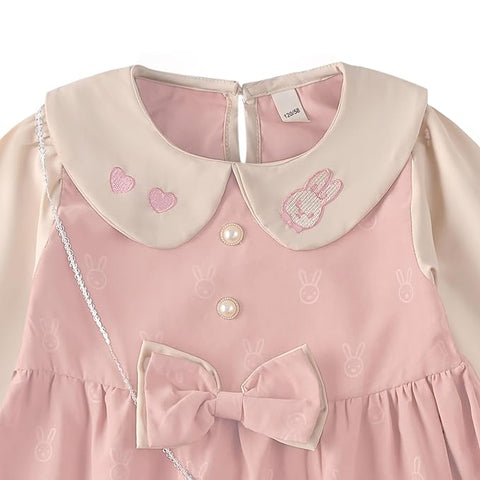 Girls Balloon Sleeve Self Fabric Bunny Flared Frock Dress With Sling Bag