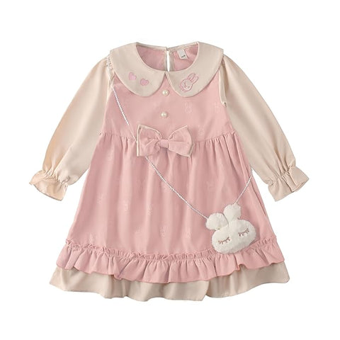 Girls Balloon Sleeve Self Fabric Bunny Flared Frock Dress With Sling Bag