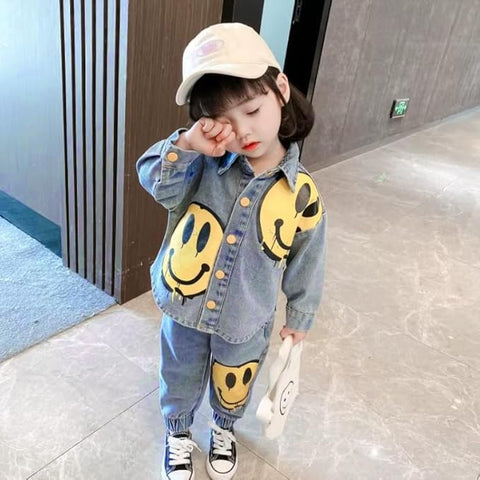 Kids Full-sleeve Happy Face Print Denim Shirt & Pant Set