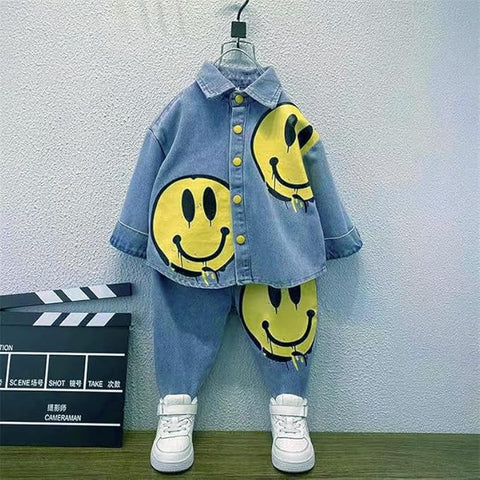 Kids Full-sleeve Happy Face Print Denim Shirt & Pant Set