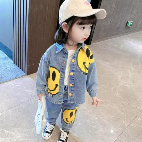 Kids Full-sleeve Happy Face Print Denim Shirt & Pant Set