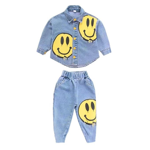 Kids Full-sleeve Happy Face Print Denim Shirt & Pant Set