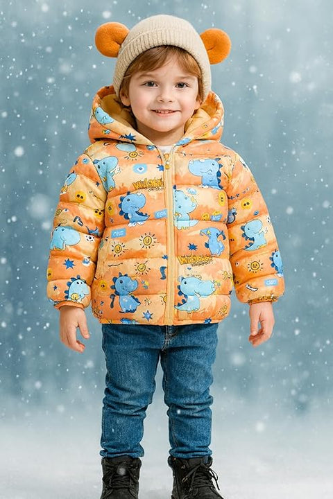 Kids Orange Dino Print Puffer Hoodie Jacket