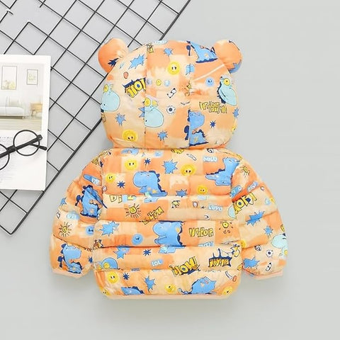 Kids Orange Dino Print Puffer Hoodie Jacket