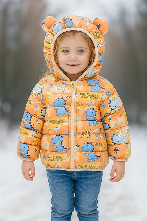 Kids Orange Dino Print Puffer Hoodie Jacket