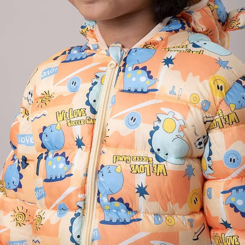 Kids Orange Dino Print Puffer Hoodie Jacket