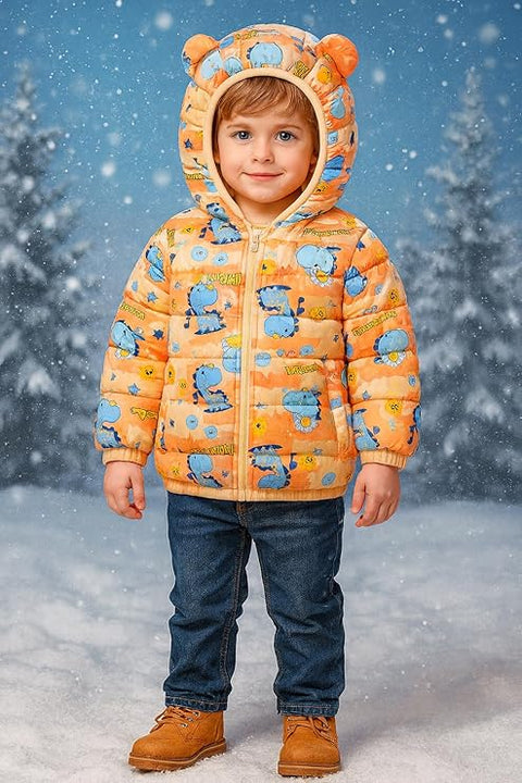 Kids Orange Dino Print Puffer Hoodie Jacket