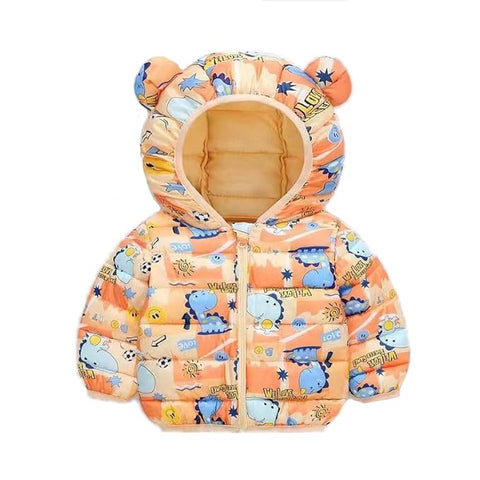 Kids Orange Dino Print Puffer Hoodie Jacket