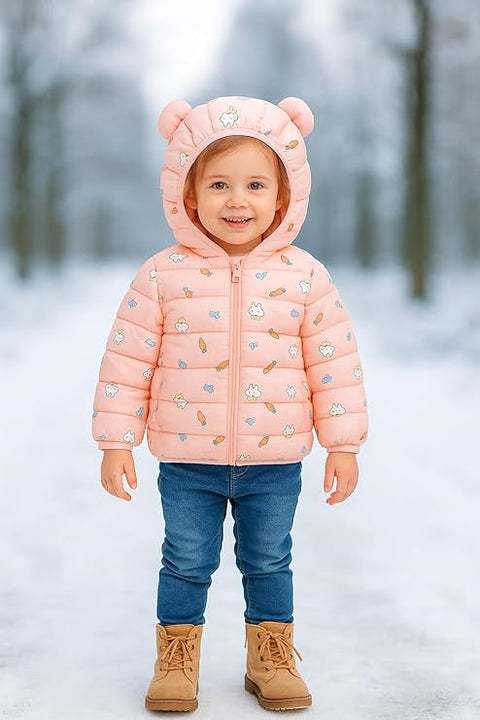 Girls Bunny Print Pink Hooded Puffer Jacket