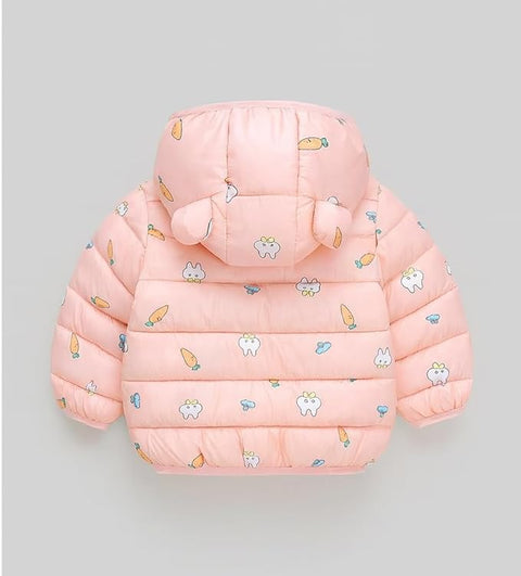 Girls Bunny Print Pink Hooded Puffer Jacket