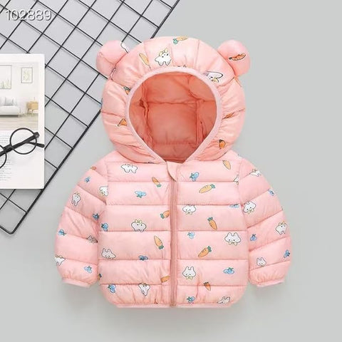Girls Bunny Print Pink Hooded Puffer Jacket