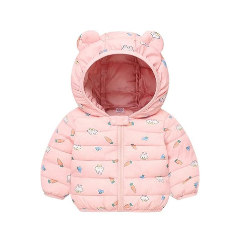 Girls Bunny Print Pink Hooded Puffer Jacket