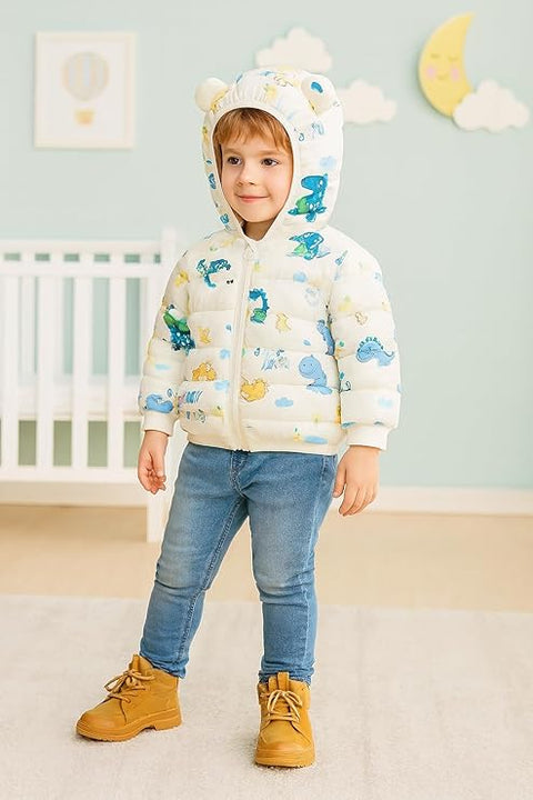 Kids White Dino Print Puffer Hooded Jacket
