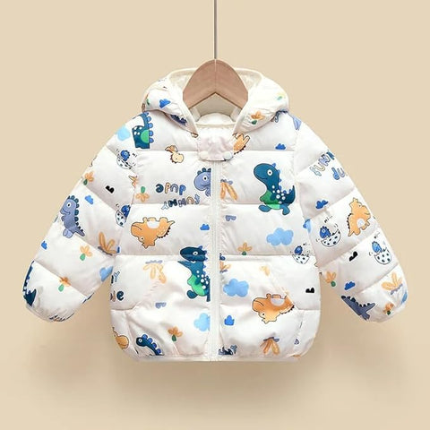 Kids White Dino Print Puffer Hooded Jacket