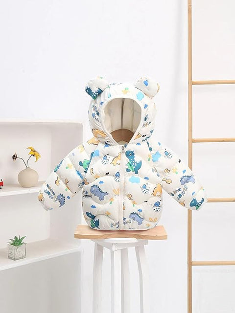 Kids White Dino Print Puffer Hooded Jacket