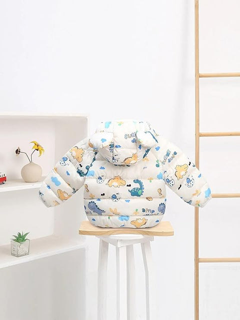 Kids White Dino Print Puffer Hooded Jacket