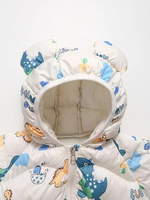 Kids White Dino Print Puffer Hooded Jacket