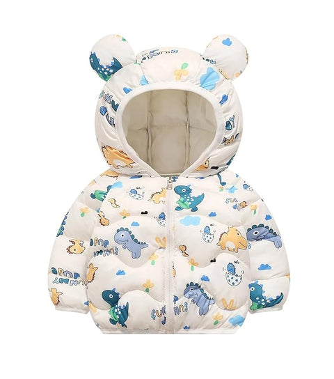 Kids White Dino Print Puffer Hooded Jacket