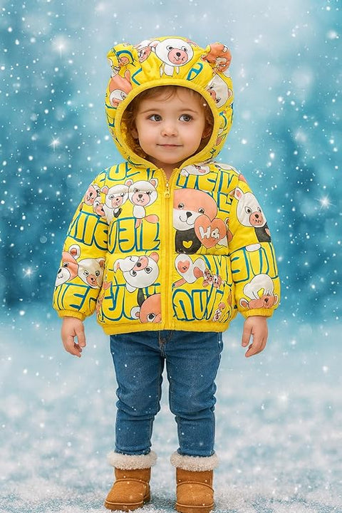 Kids yellow Bear Print Puffer Hoodie Jacket
