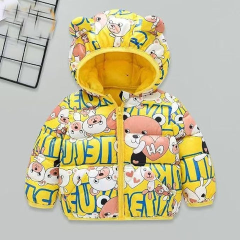 Kids yellow Bear Print Puffer Hoodie Jacket