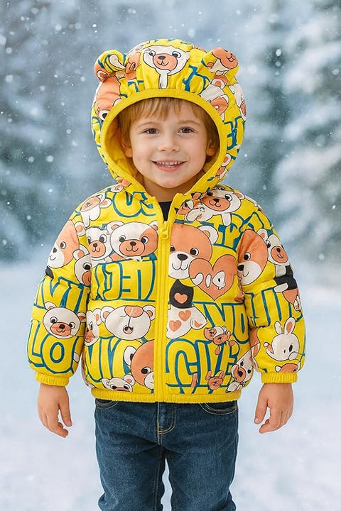 Kids yellow Bear Print Puffer Hoodie Jacket