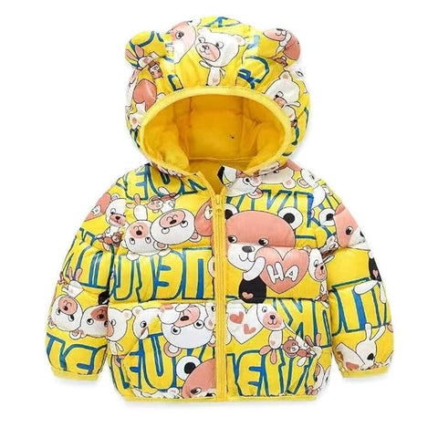 Kids yellow Bear Print Puffer Hoodie Jacket