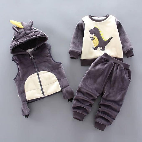 Cartoon Dinosaur Fur Fleece 3 Pc Warm Winter Sweatshirt Jacket & Jogger Pant Clothing Set for Girls & Boys Kids
