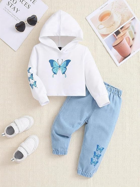 Girls Cotton Butterfly Hoodie Top with Denim Pants