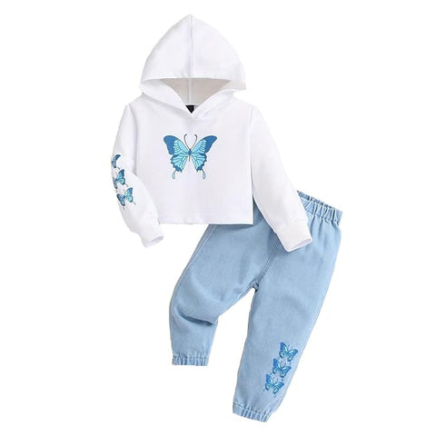 Girls Cotton Butterfly Hoodie Top with Denim Pants