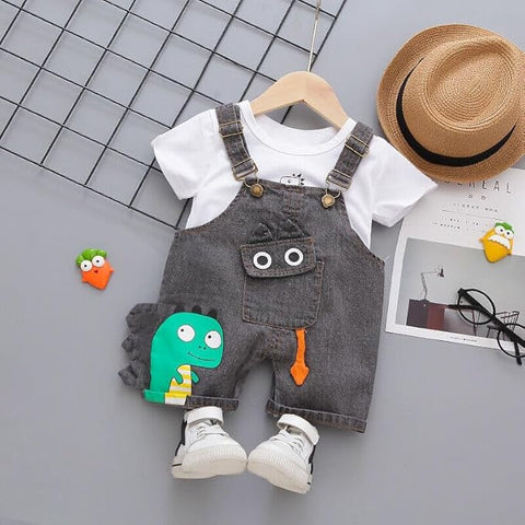 Kids Cute Bear Cartoon Print Half Sleeve T-Shirt with Dungaree Bibshorts for Baby Boy & Girl