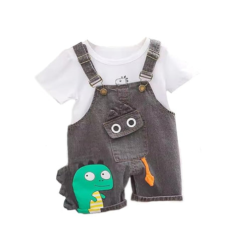 Kids Cute Bear Cartoon Print Half Sleeve T-Shirt with Dungaree Bibshorts for Baby Boy & Girl