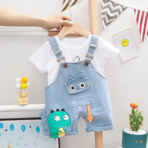 Kids Cute Bear Cartoon Print Half Sleeve T-Shirt with Dungaree Bibshorts for Baby Boy & Girl