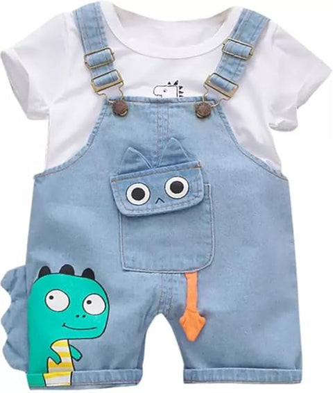 Kids Cute Bear Cartoon Print Half Sleeve T-Shirt with Dungaree Bibshorts for Baby Boy & Girl