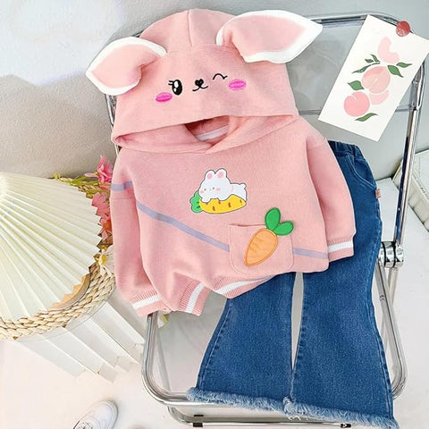 Full Sleeve Bunny Print Sweatshirt Hoodie and Denim Jeans with Frayed Hem for Girls