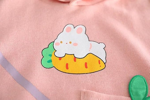 Full Sleeve Bunny Print Sweatshirt Hoodie and Denim Jeans with Frayed Hem for Girls