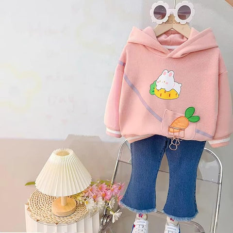 Full Sleeve Bunny Print Sweatshirt Hoodie and Denim Jeans with Frayed Hem for Girls