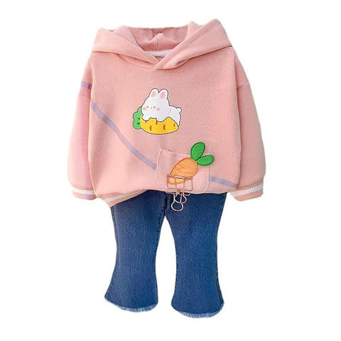 Full Sleeve Bunny Print Sweatshirt Hoodie and Denim Jeans with Frayed Hem for Girls