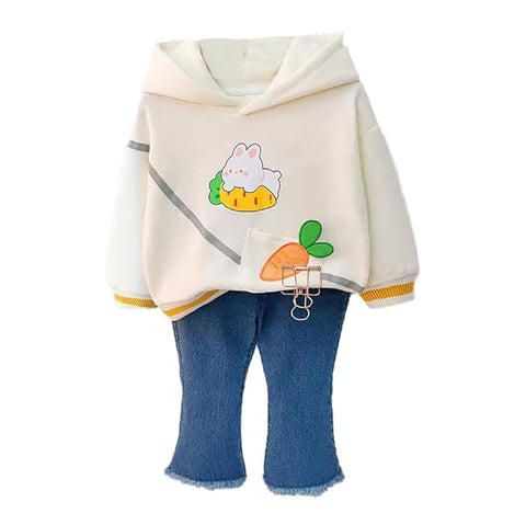 Full Sleeve Bunny Print Sweatshirt Hoodie and Denim Jeans with Frayed Hem for Girls