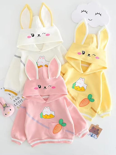Full Sleeve Bunny Print Sweatshirt Hoodie and Denim Jeans with Frayed Hem for Girls