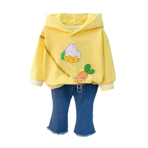 Full Sleeve Bunny Print Sweatshirt Hoodie and Denim Jeans with Frayed Hem for Girls