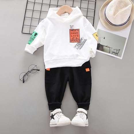 Kids Text Print Sweatshirt With Hood & Pant Set
