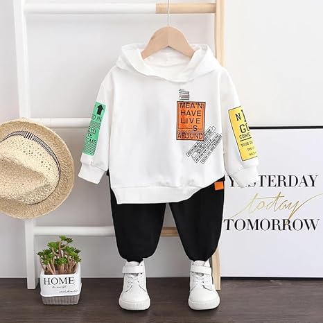 Kids Text Print Sweatshirt With Hood & Pant Set