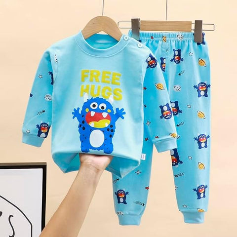 Kids Cartoon & Text Print Blue T-shirt & Pyjama Set