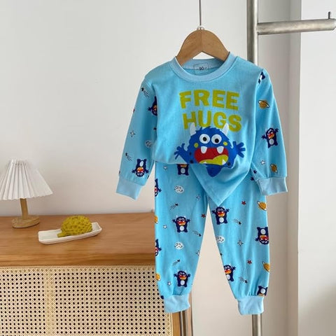Kids Cartoon & Text Print Blue T-shirt & Pyjama Set