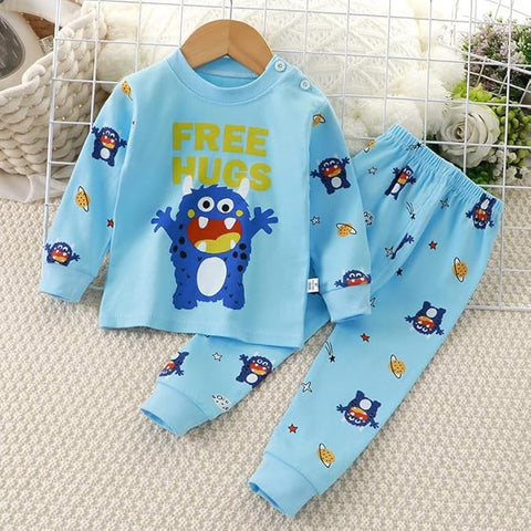 Kids Cartoon & Text Print Blue T-shirt & Pyjama Set