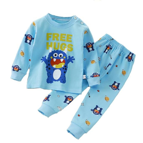 Kids Cartoon & Text Print Blue T-shirt & Pyjama Set