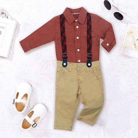 Kids Cotton Shirt & Trouser Pant With Suspender Set For Little Gentleman
